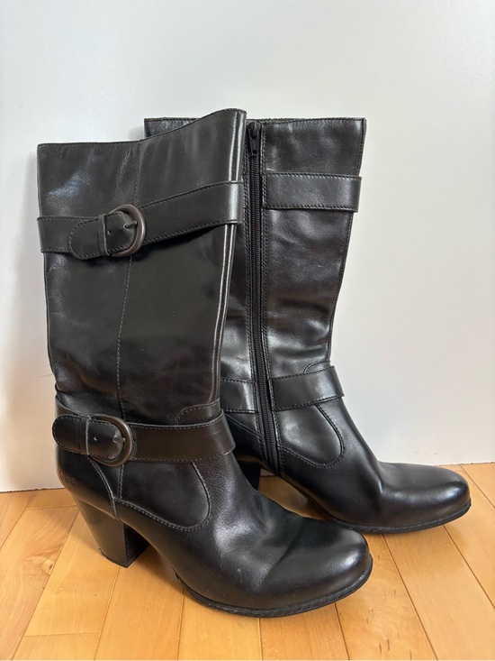 boc Shoes - boc Black Leather Mid-Calf Heeled Boots with Buckle Straps - Size 9